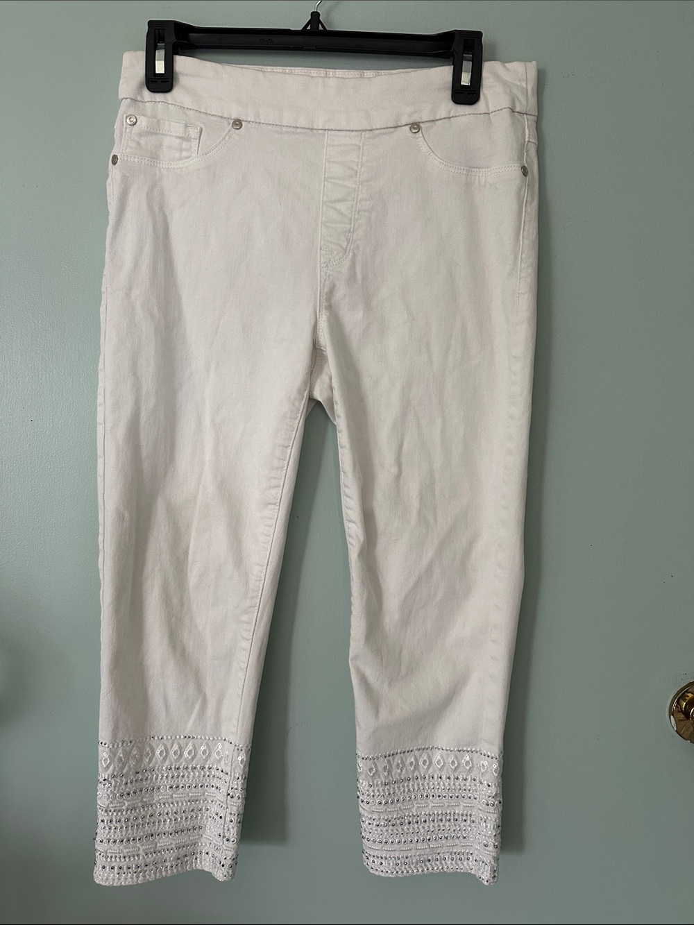 Tribal White Capris with Crochet Hem
